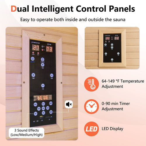 2-Person Far Infrared Wooden Sauna Room with Red Light Panel - Refined Wellness Products