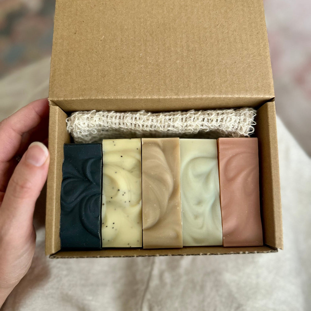 Natural Bar Soap Flight Gift Set with Botanical Essential Oils & Sisal Soap Saver Bag