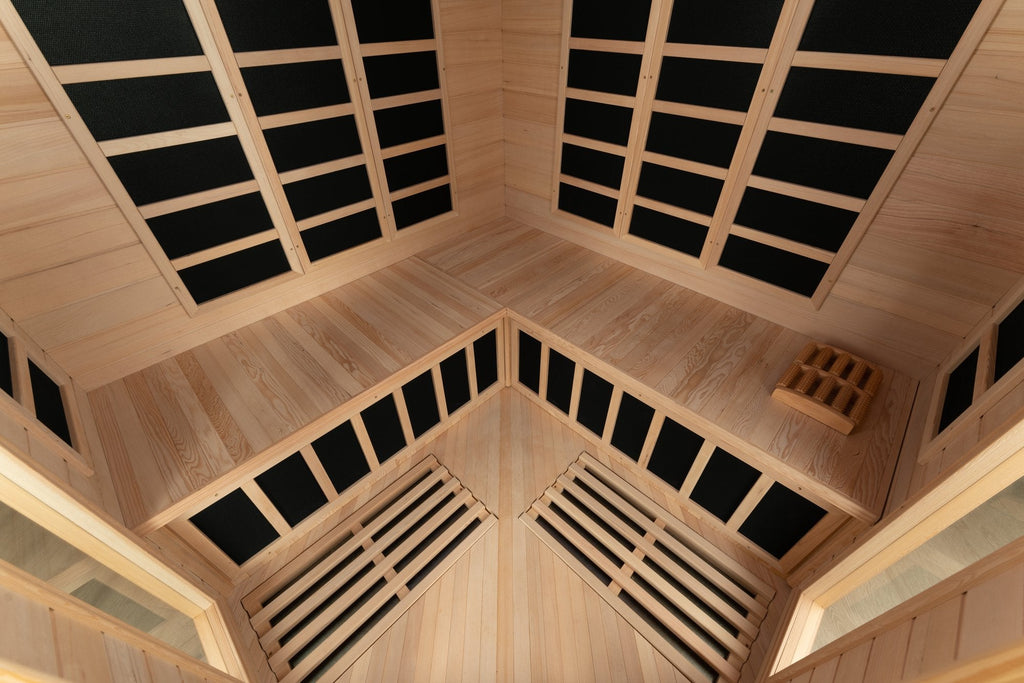 Blisspod, Vienna, Corner Spacious Far Infrared Sauna Canadian Hemlock Ultra Low EMF, 12 Heaters, 4-5 Persons - Refined Wellness Products