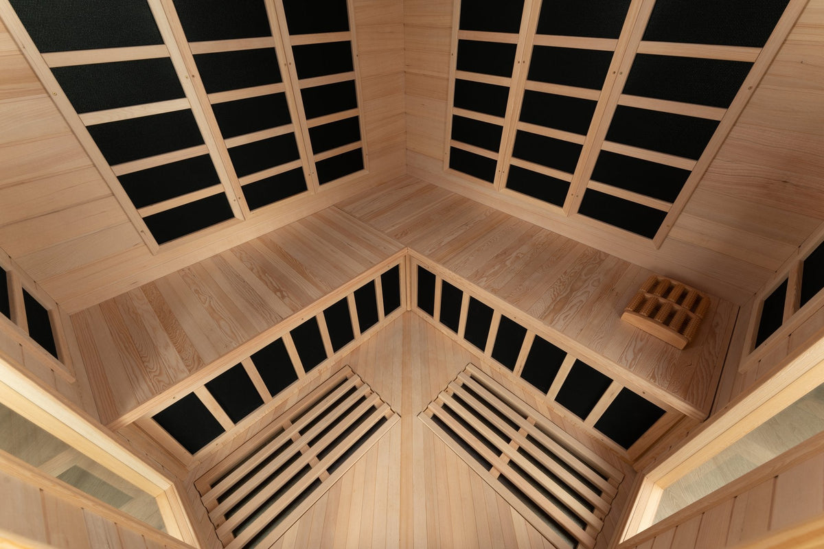 Blisspod, Vienna, Corner Spacious Far Infrared Sauna Canadian Hemlock Ultra Low EMF, 12 Heaters, 4-5 Persons - Refined Wellness Products