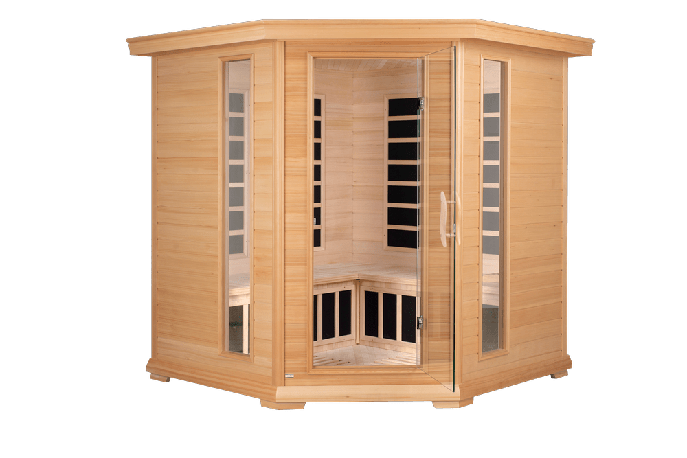 Blisspod, Vienna, Corner Spacious Far Infrared Sauna Canadian Hemlock Ultra Low EMF, 12 Heaters, 4-5 Persons - Refined Wellness Products