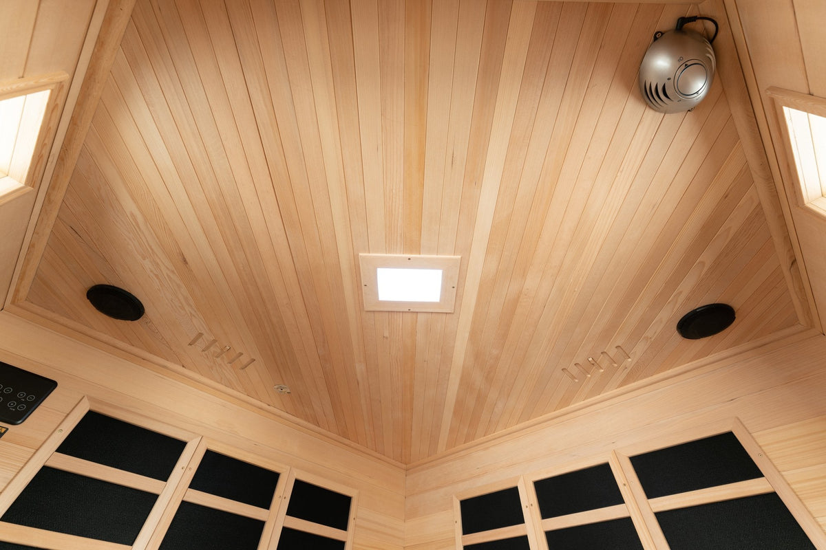 Blisspod, Vienna, Corner Spacious Far Infrared Sauna Canadian Hemlock Ultra Low EMF, 12 Heaters, 4-5 Persons - Refined Wellness Products