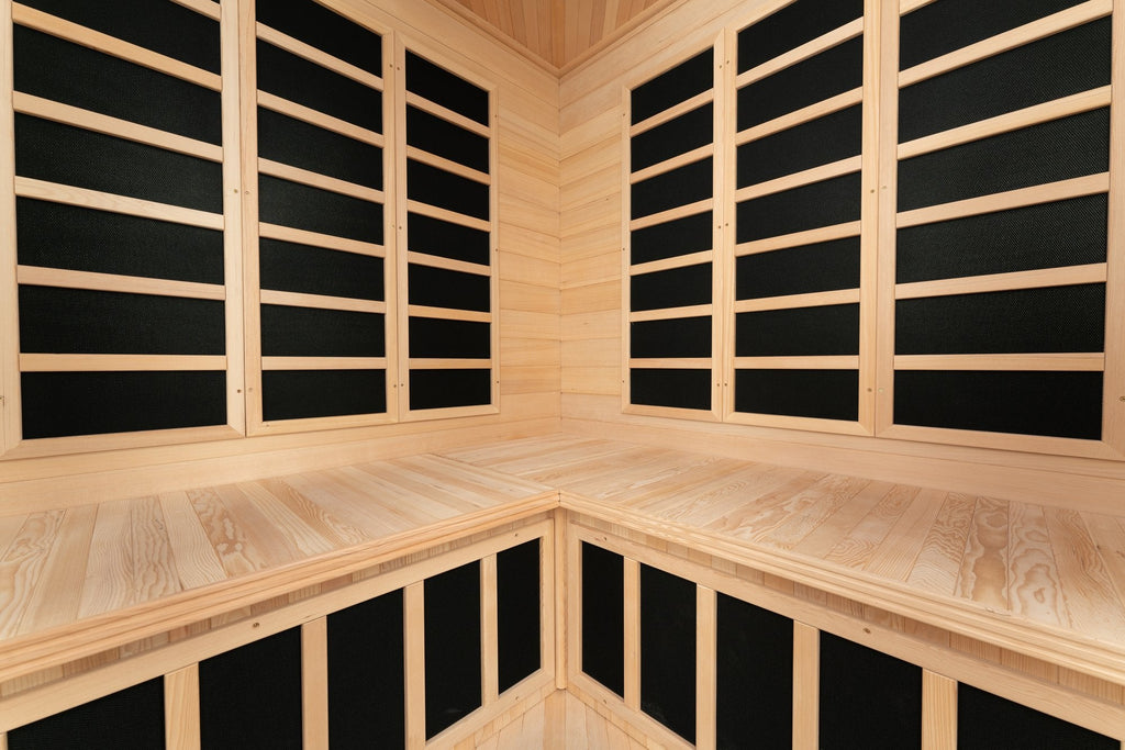 Blisspod, Vienna, Corner Spacious Far Infrared Sauna Canadian Hemlock Ultra Low EMF, 12 Heaters, 4-5 Persons - Refined Wellness Products